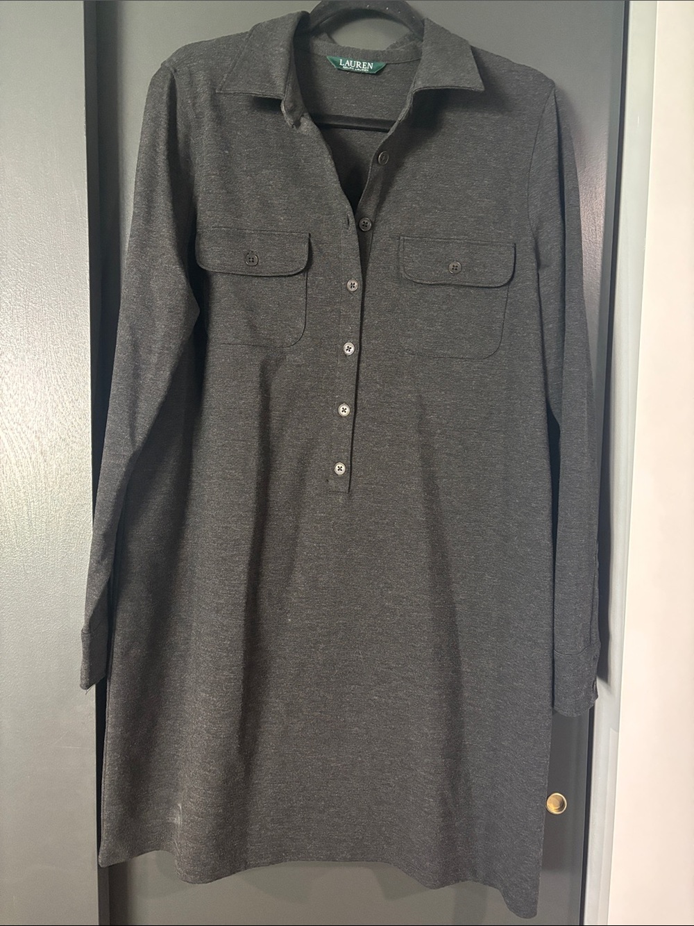 Green Tag Ralph Lauren Dark Charcoal Long-Sleeve Button Up Shirt MIDI Dress